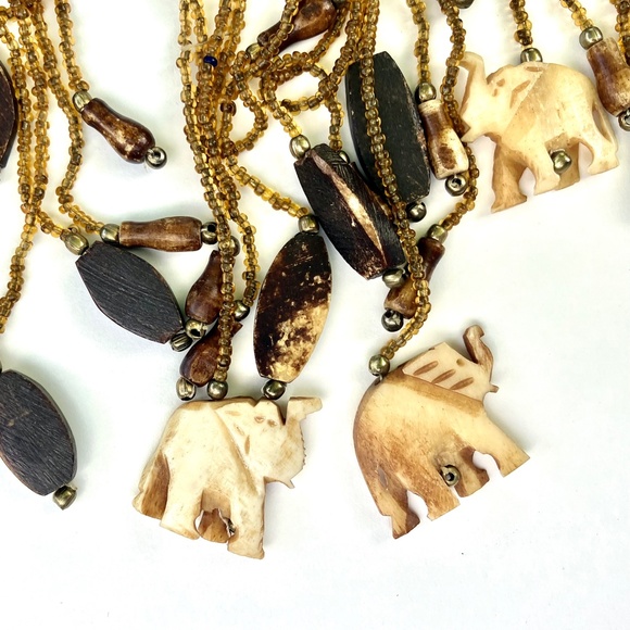 Fringed Choker with Hand-carved Bone Elephants - Vintage Boho Statement Necklace - Picture 5 of 10